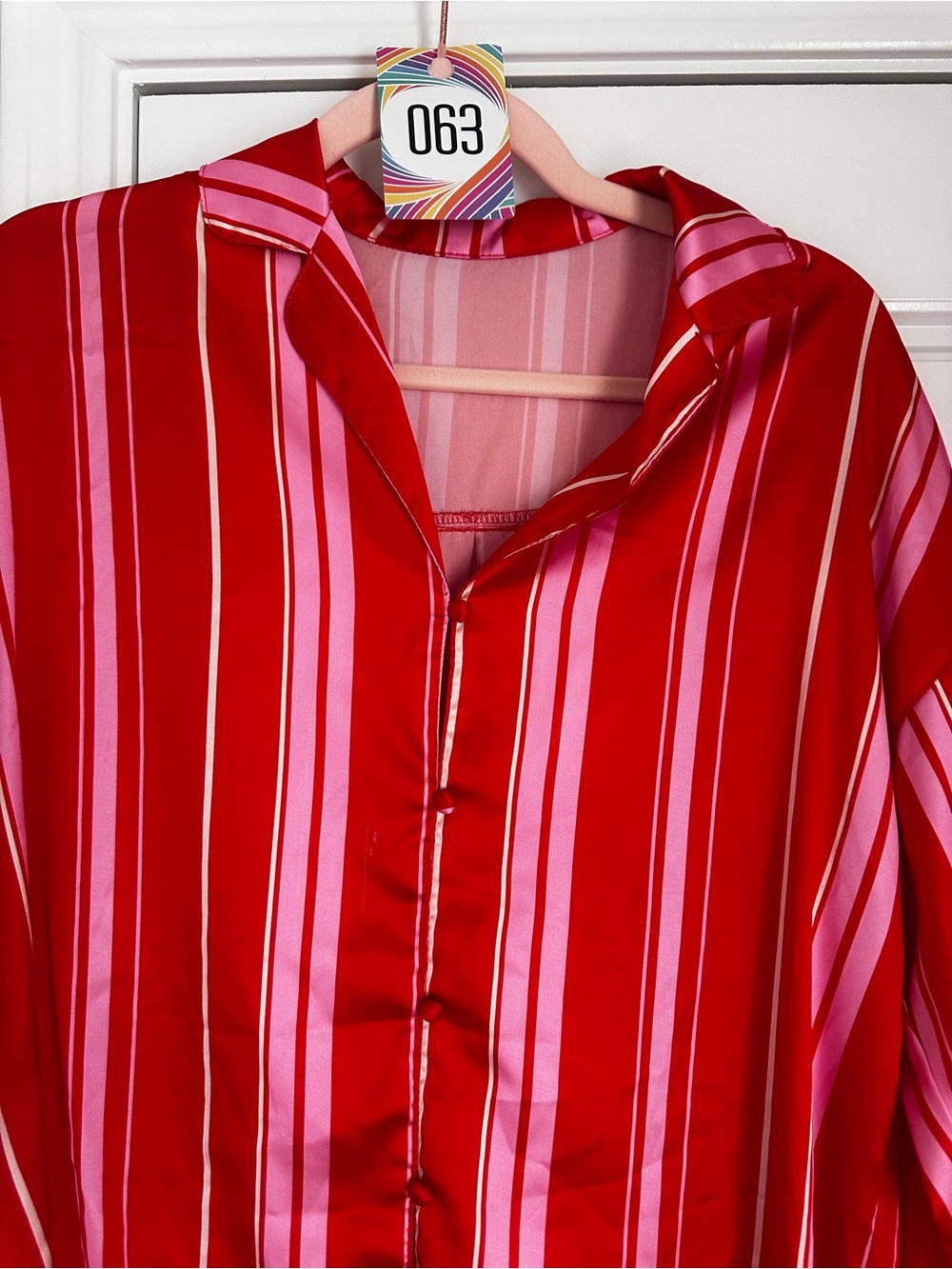 Women’s Red Pink Striped Satin Look Pajama Set